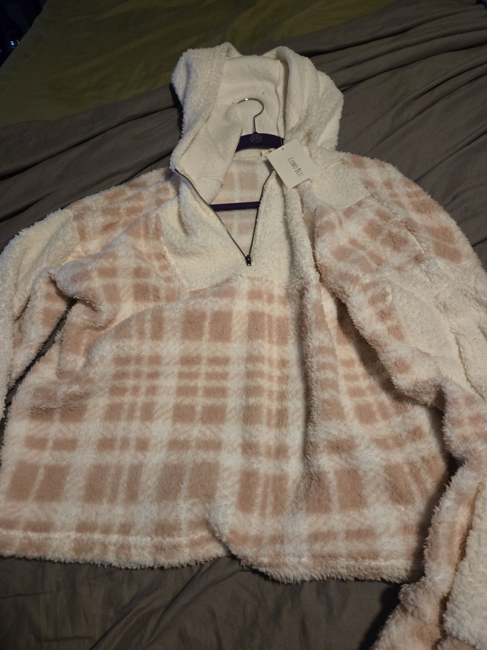New Cozy Plaid Teddy Jacket with Hood - Cream & Blush Xl